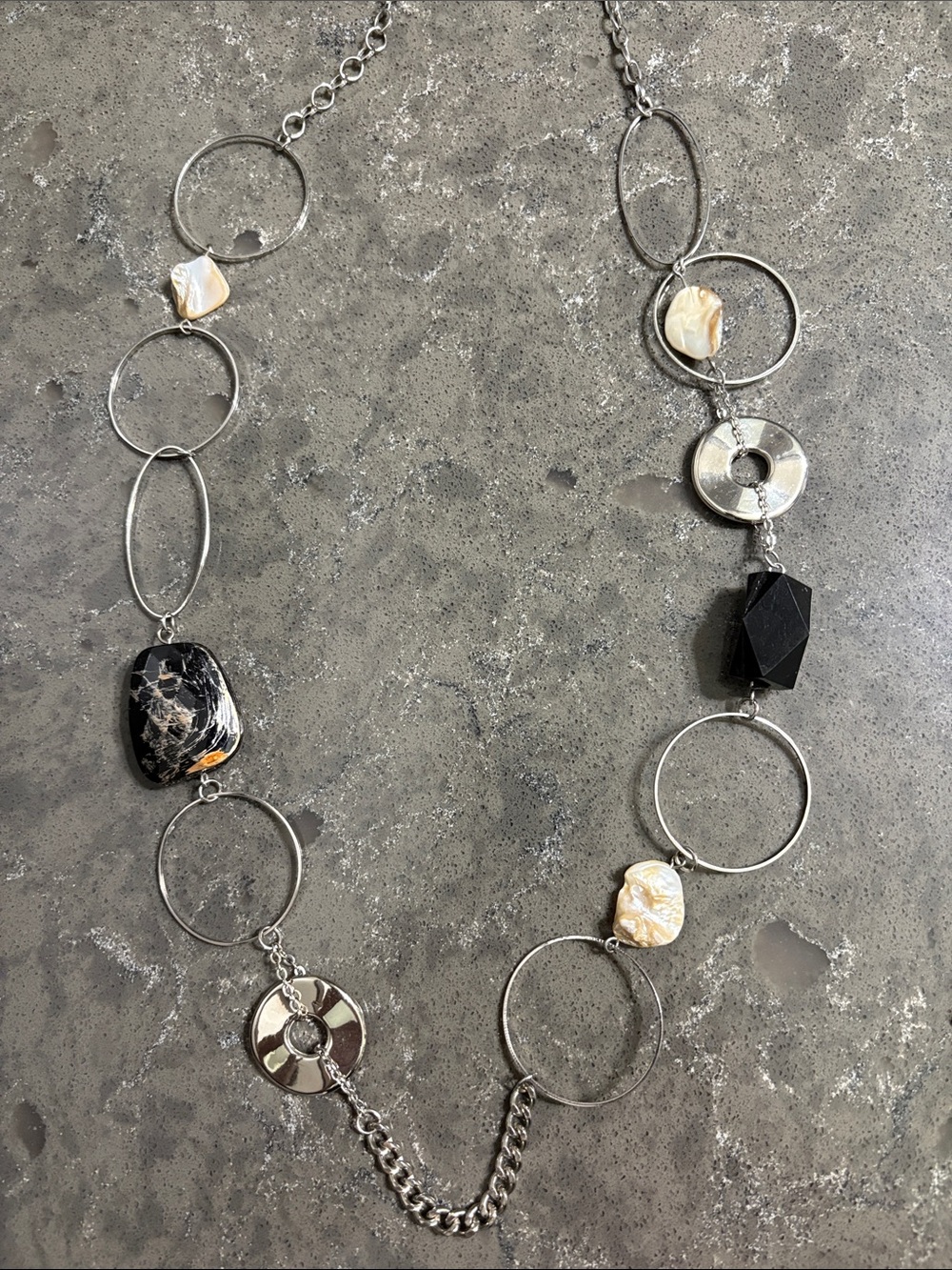 Silver Link Necklace with Black Stone and Cream Shell Accents